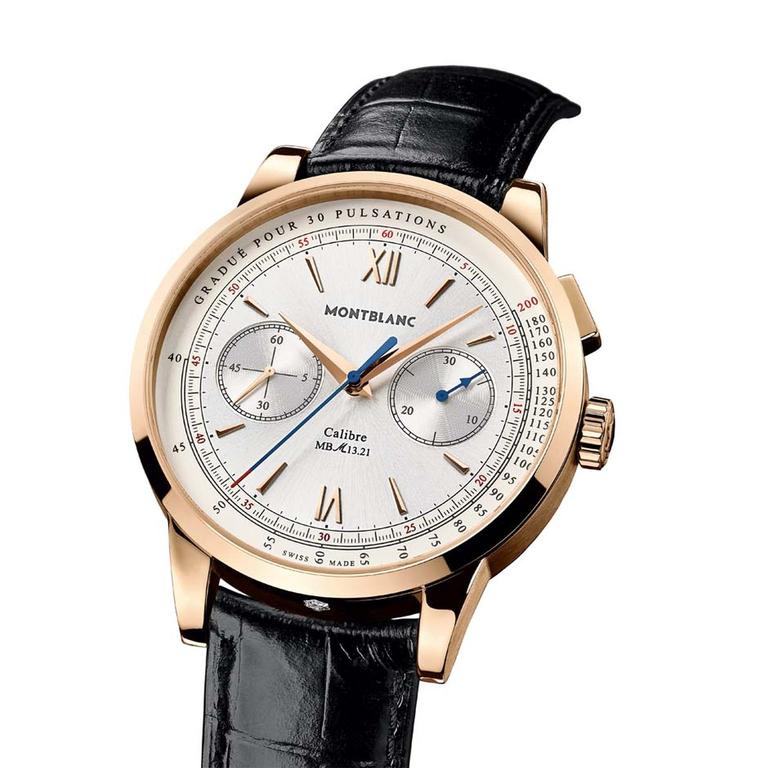 The Montblanc Meisterstück Heritage Pulsograph is also a monopusher chronograph with a pulsometer scale presented in an elegant 41mm rose gold case with a hand-wound movement.