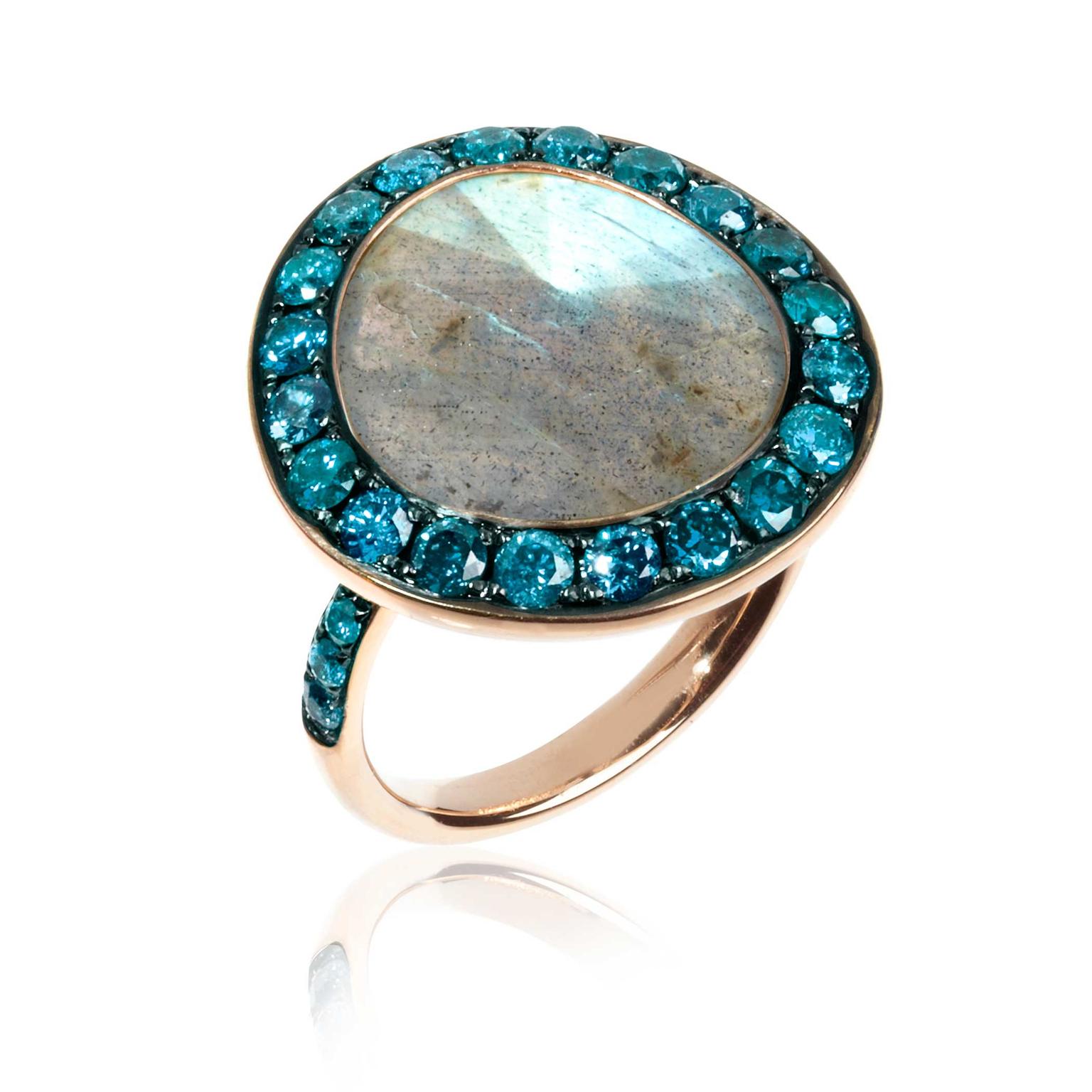 Large Annoushka labradorite ring in rose gold with blue pavé diamonds