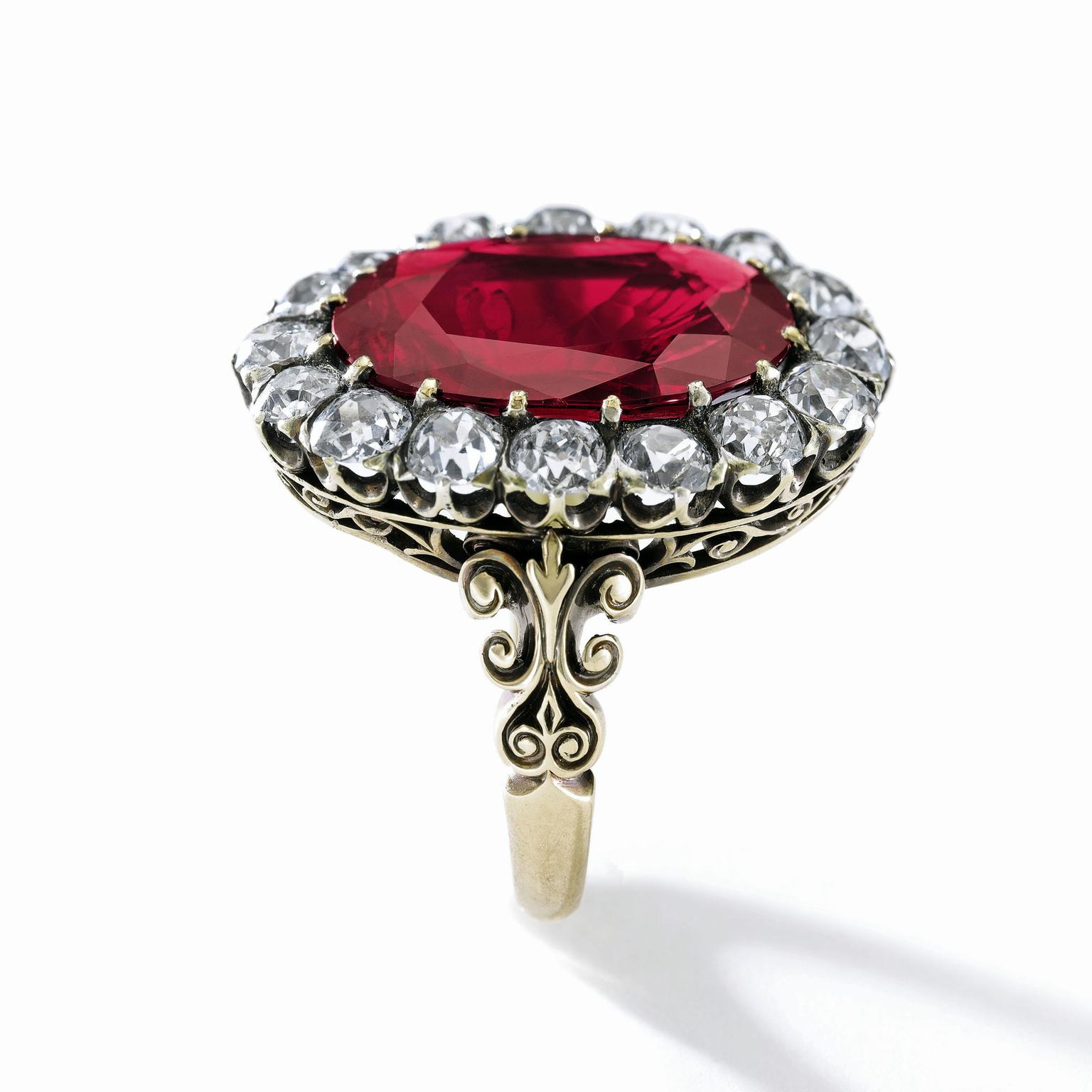 Burmese ruby and diamond ring - side view