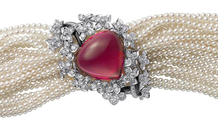 Sortilège de Cartier bracelet in platinum with a single rubellite, cultured pearls, onyx and brilliant cut diamonds.