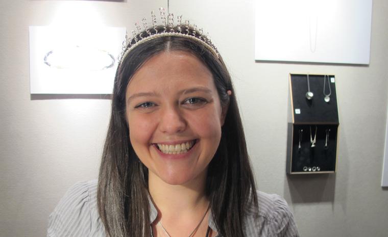 Jenny Deans shows her pretty silver and pearl bridal tiara designed for her own wedding. Yours for £600.