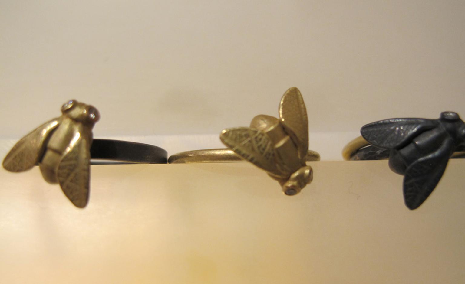 A small swarm of Zoe Arnold's Fly rings in gold and silver with diamond eyes from £295 in gold or £195 in silver.