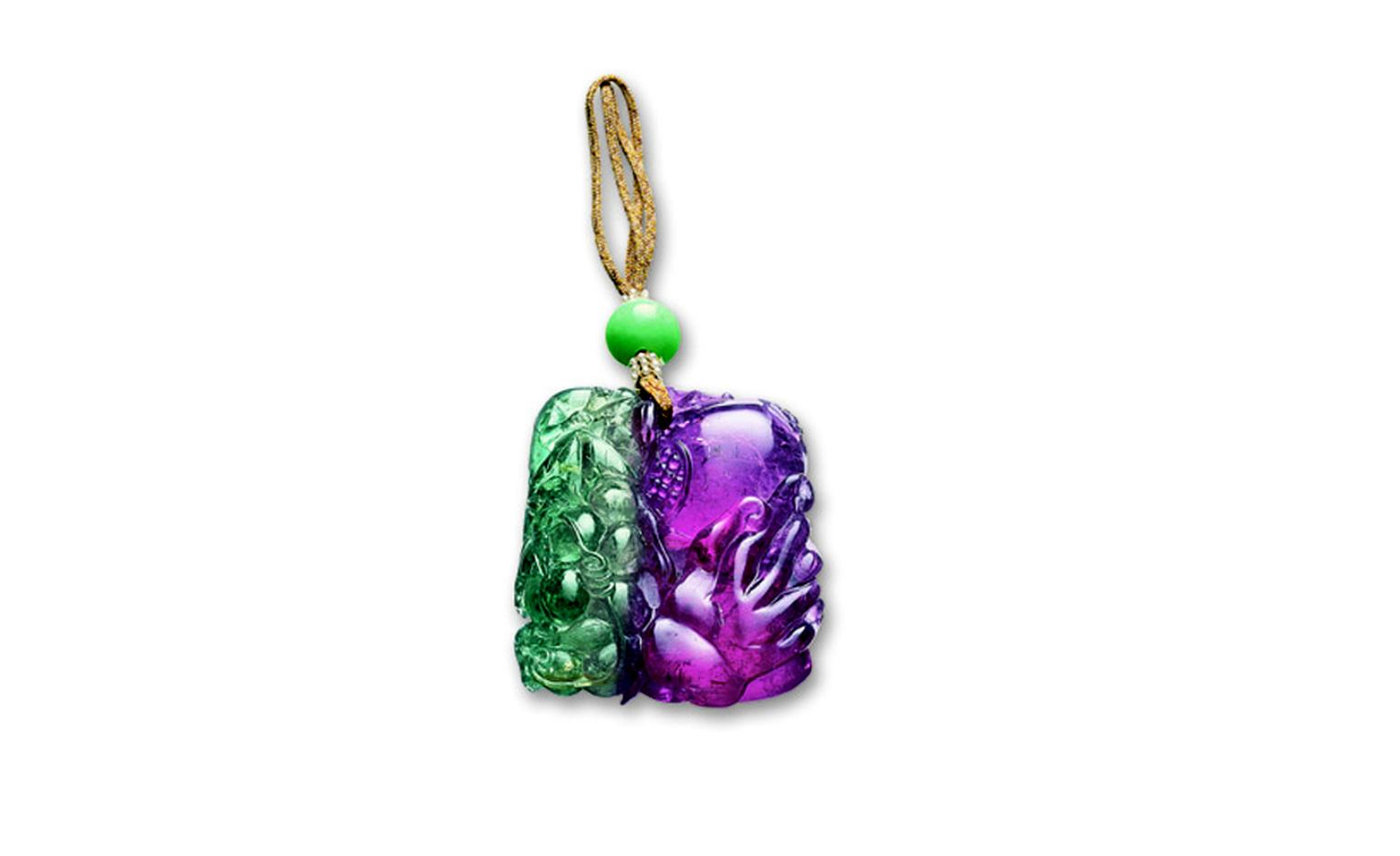 LOT 2518. Bi-coloured tourmaline and jadeite bead pendant, late quing dynasty EST 95,000 - 120,000 HKD. LOT SOLD 150,000 HKD