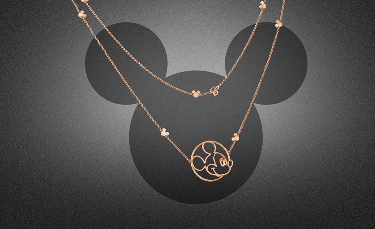 Happy Mickey long pendant. In rose or white gold with 2 mobile diamonds and a Mickey Mouse silhouette. Price from £3,840