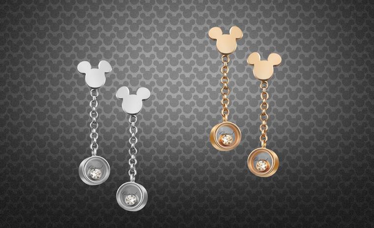 Chopard Happy Mickey earrings in rose or white gold, each with a mobile diamond.
