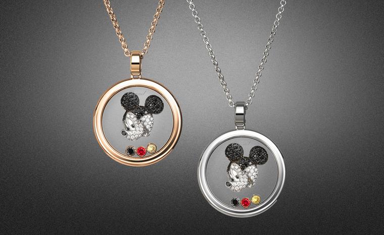 Chopard Happy Mickey pendants in rose or white gold, each with a mobile white and black diamond and ruby.