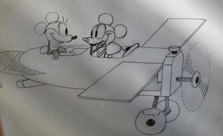 An early sketch of Mickey Mouse and Minnie in a propeller plane.