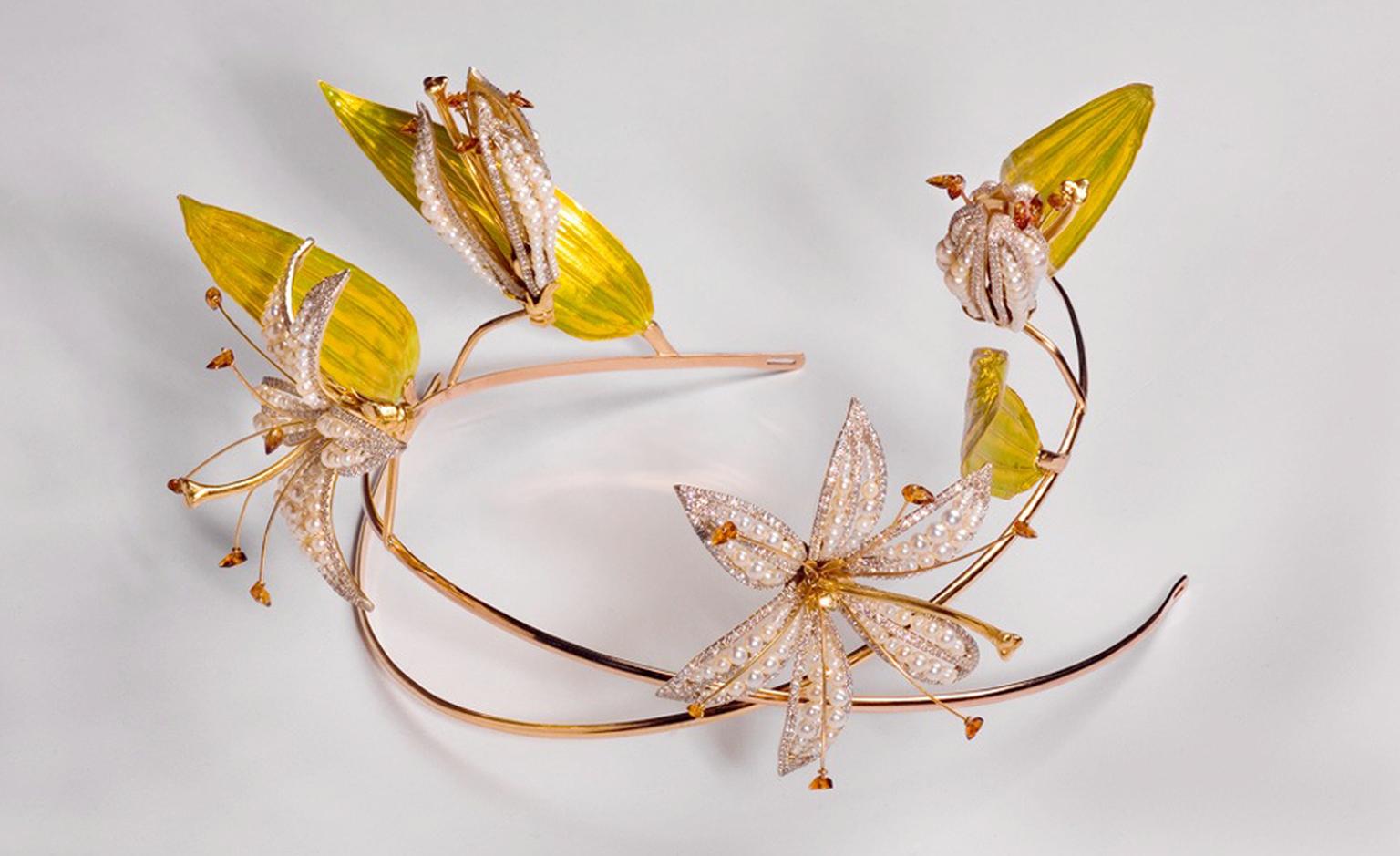 ARK, lilies, 2007, madeira  citrine, 18 carat gold and enamelled 24 carat gold leaves. POA.