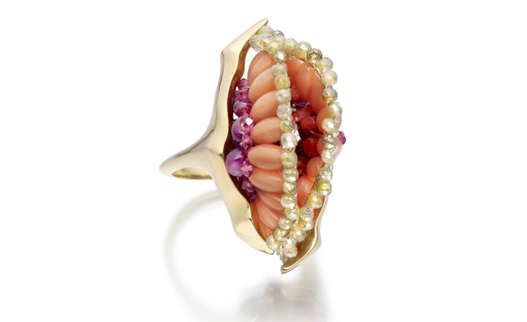 Sophia Mann. Ring Gold, diamond bead, coral and ruby. POA
