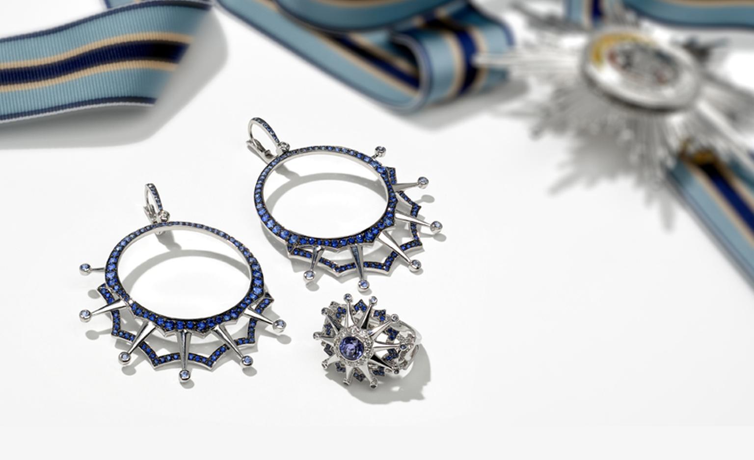 Star and Garter Collection by Garrard. Left: Blackened white gold and sapphire drop hoop earrings: Price from £7000. Right: White gold ring with tanzanite centre stone and paved with diamonds, sapphires and tanzanites: Price from £4800.