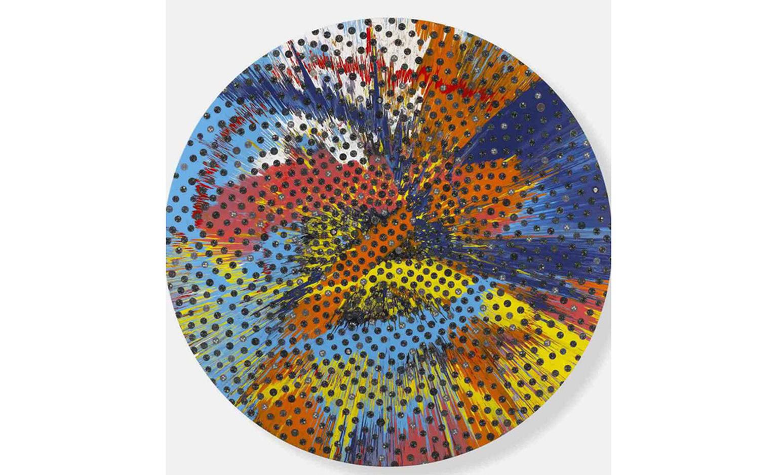 Beautiful Sunflower spin painting by Damien Hirst featuring discarded Panerai dials.