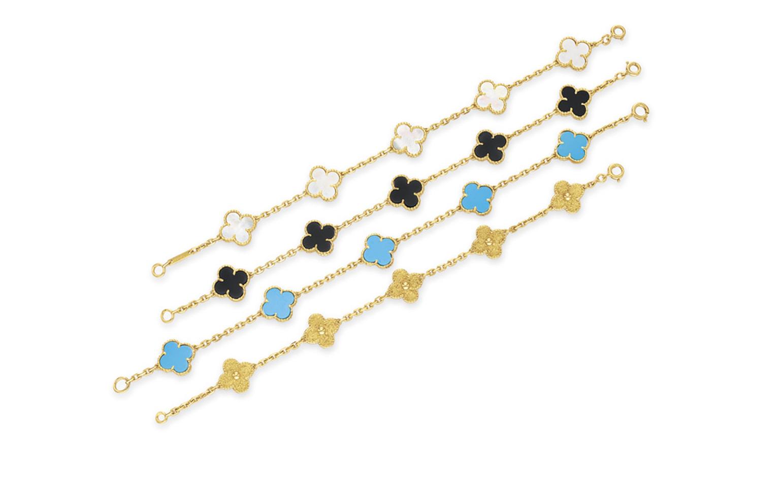 Van Cleef & Arpels. Yellow Gold Alhambra Bracelet, Turquoise and Yellow Gold Alhambra Bracelet, Mother of Pearl and Yellow Gold Alhambra Bracelet, Onyx and Yellow Gold Alhambra Bracelet. © Christie’s Images 2011. POA.