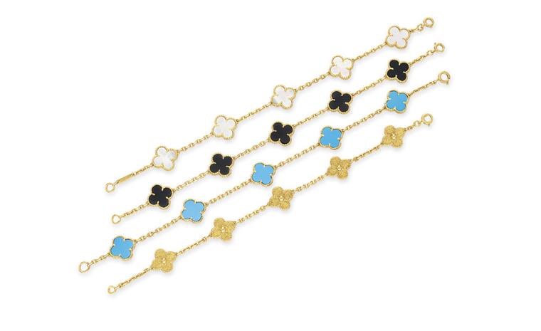 Van Cleef & Arpels. Yellow Gold Alhambra Bracelet, Turquoise and Yellow Gold Alhambra Bracelet, Mother of Pearl and Yellow Gold Alhambra Bracelet, Onyx and Yellow Gold Alhambra Bracelet. © Christie’s Images 2011. POA.