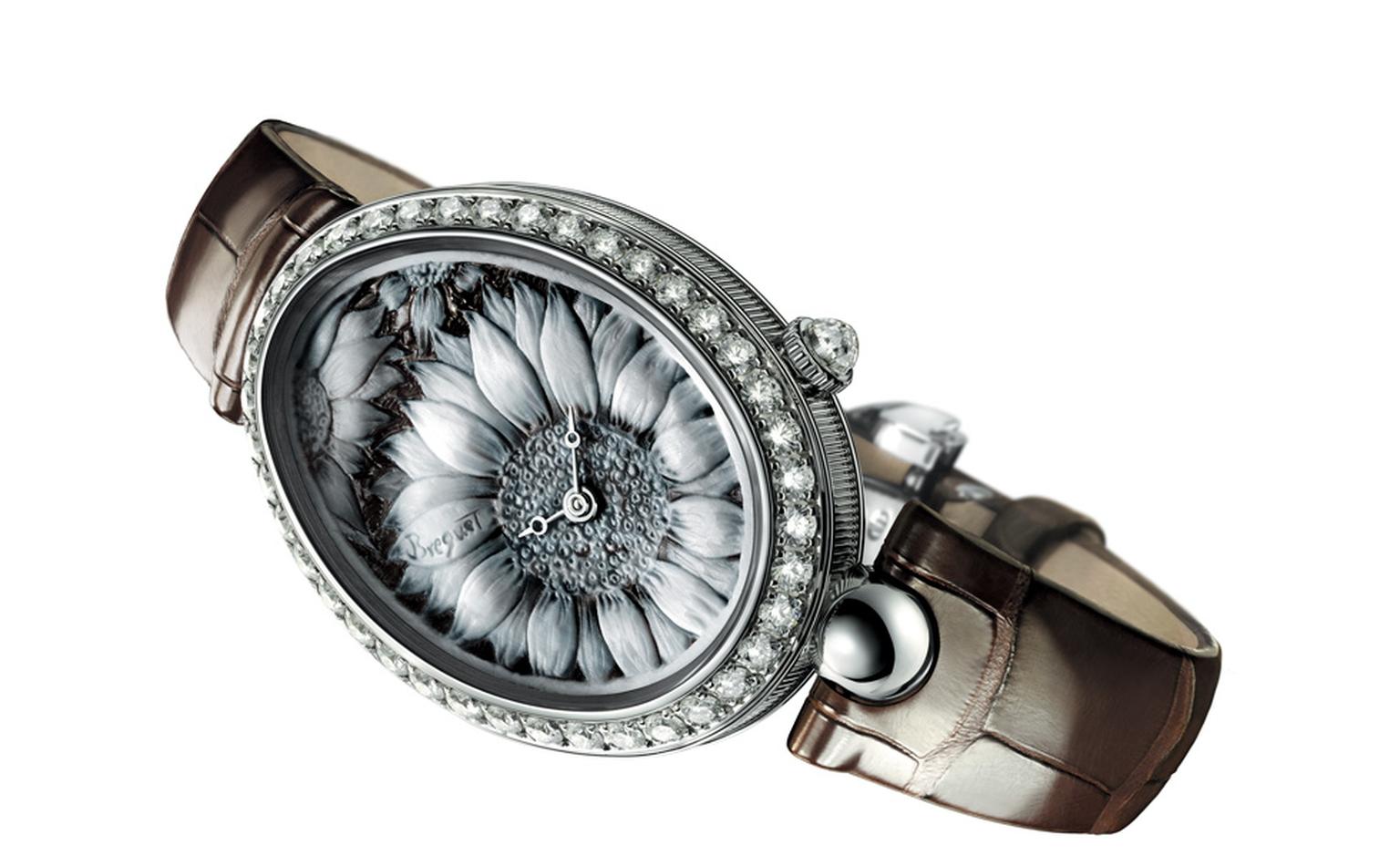 Breguet Reine de Naples watch with sunflower cameo dial.