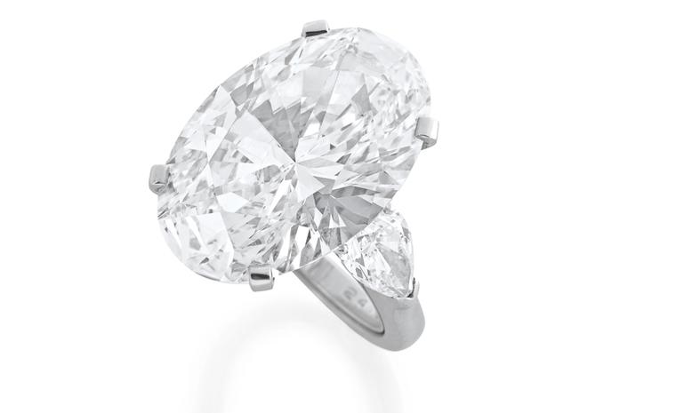 An oval cut diamond ring by Graff weighing 24.30 carats, of D colour and Internally Flawless clarity. Estimates SFr 2,600,000- 3,200,000 (US$ 2,900,000- 3,500,000)