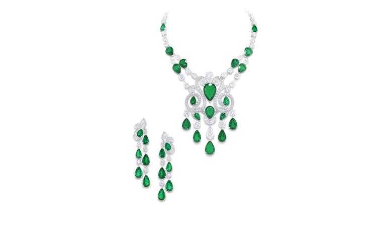 GRAFF. Emerald Scroll Necklace and Earrings. POA