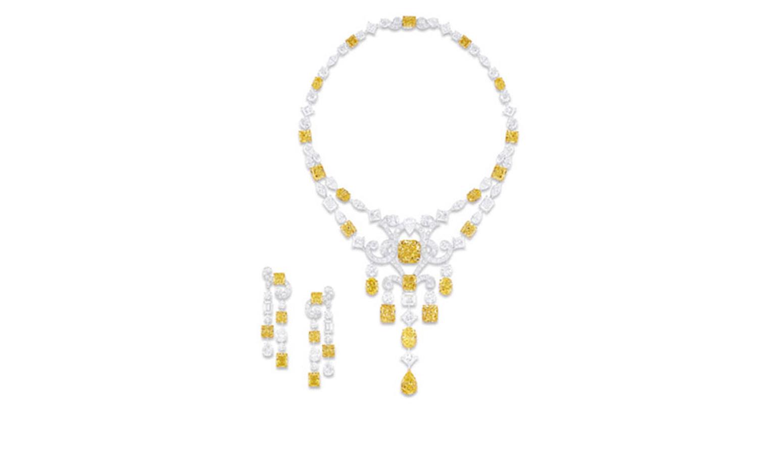 GRAFF. Multishape Yellow and White Diamond Scroll Motif Necklace and Earrings. POA