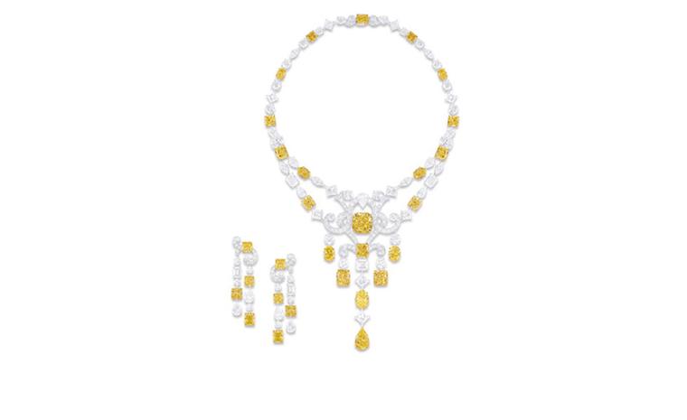 GRAFF. Multishape Yellow and White Diamond Scroll Motif Necklace and Earrings. POA