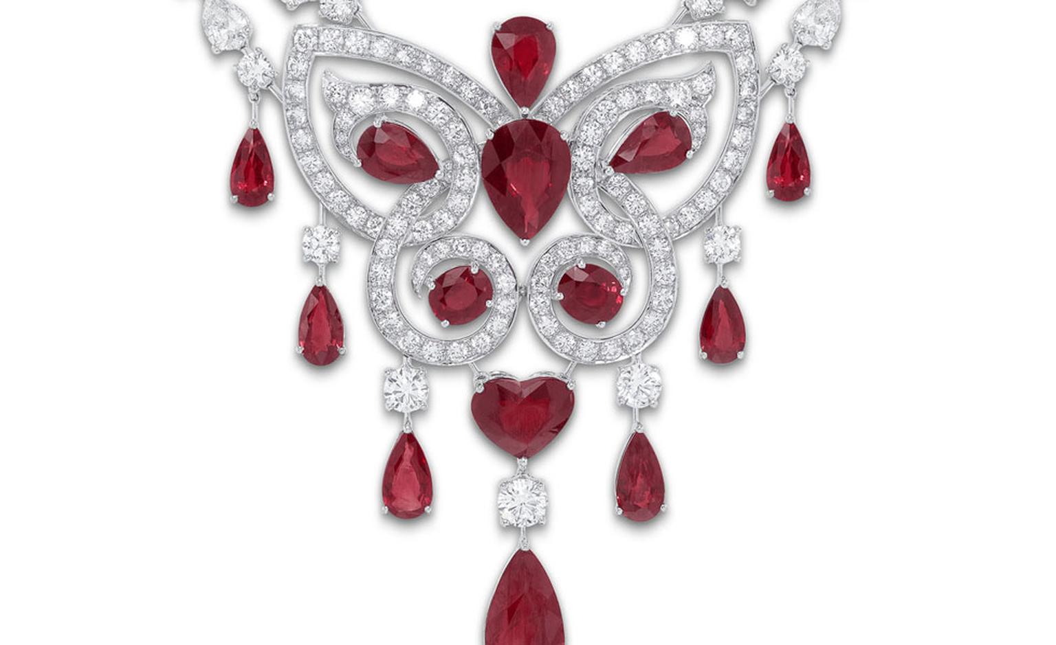 Ruby and Diamond Butterfly Motif Scroll Necklace close up.