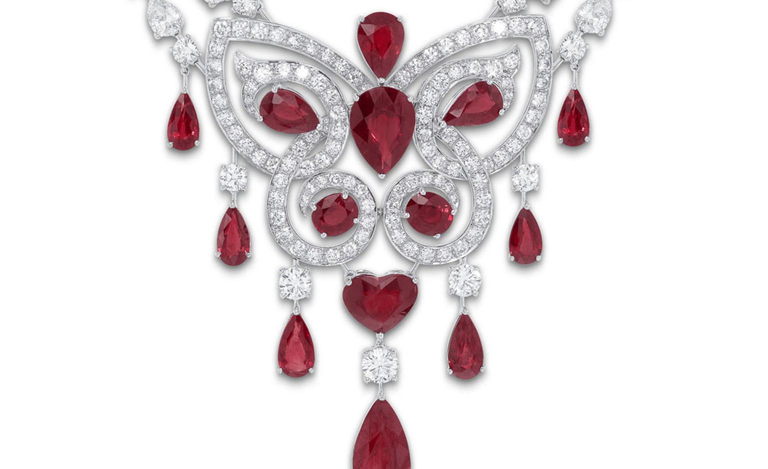 Ruby and Diamond Butterfly Motif Scroll Necklace close up.