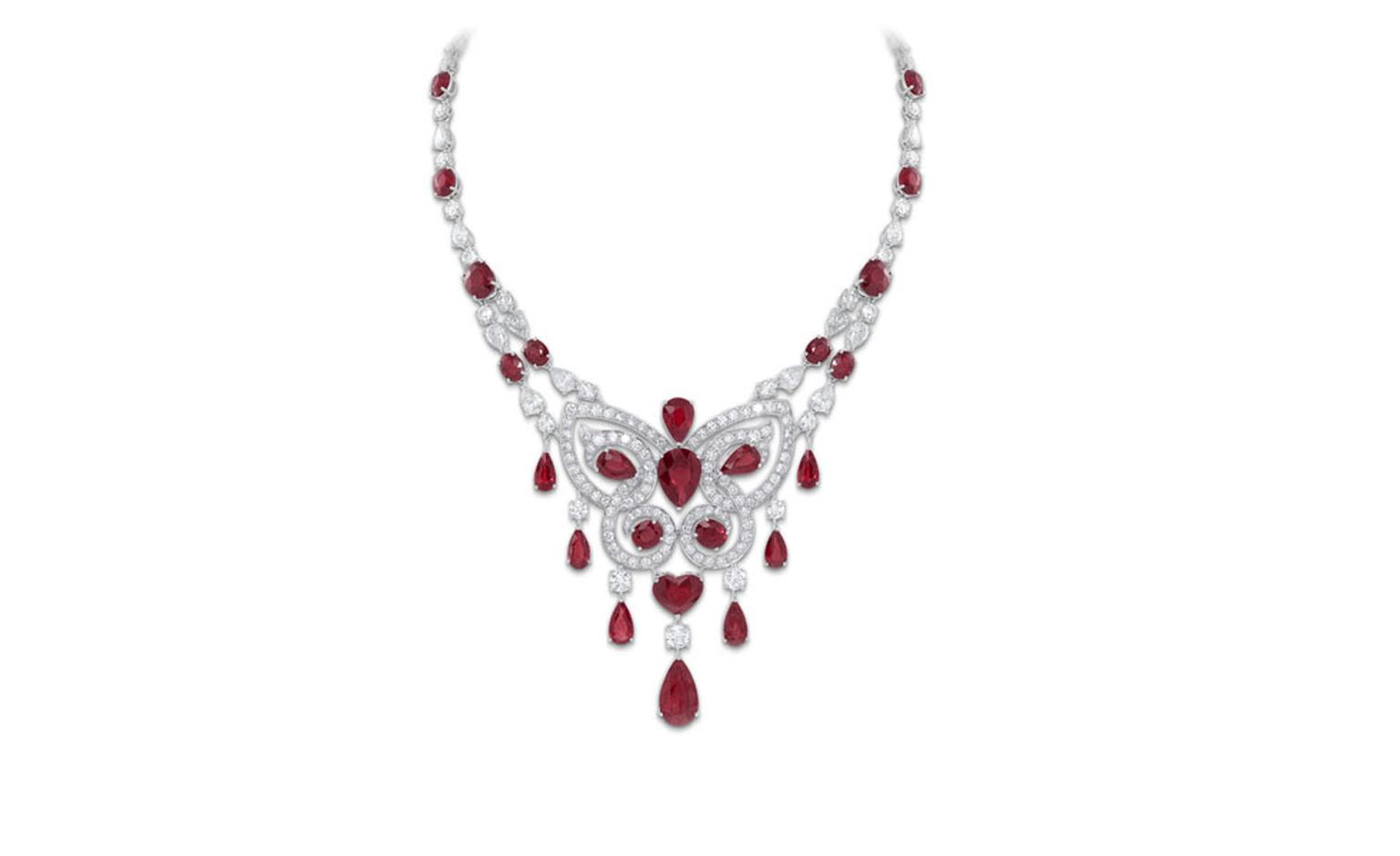 GRAFF. Ruby and Diamond Butterfly Motif Scroll Necklace.