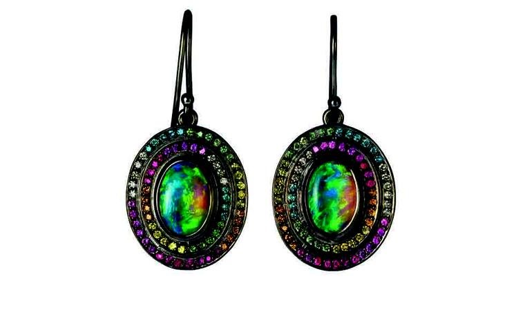 Solange Azagury-Partridge, Opal Fruit earrings in blackened white gold and opal. Price From £15,800