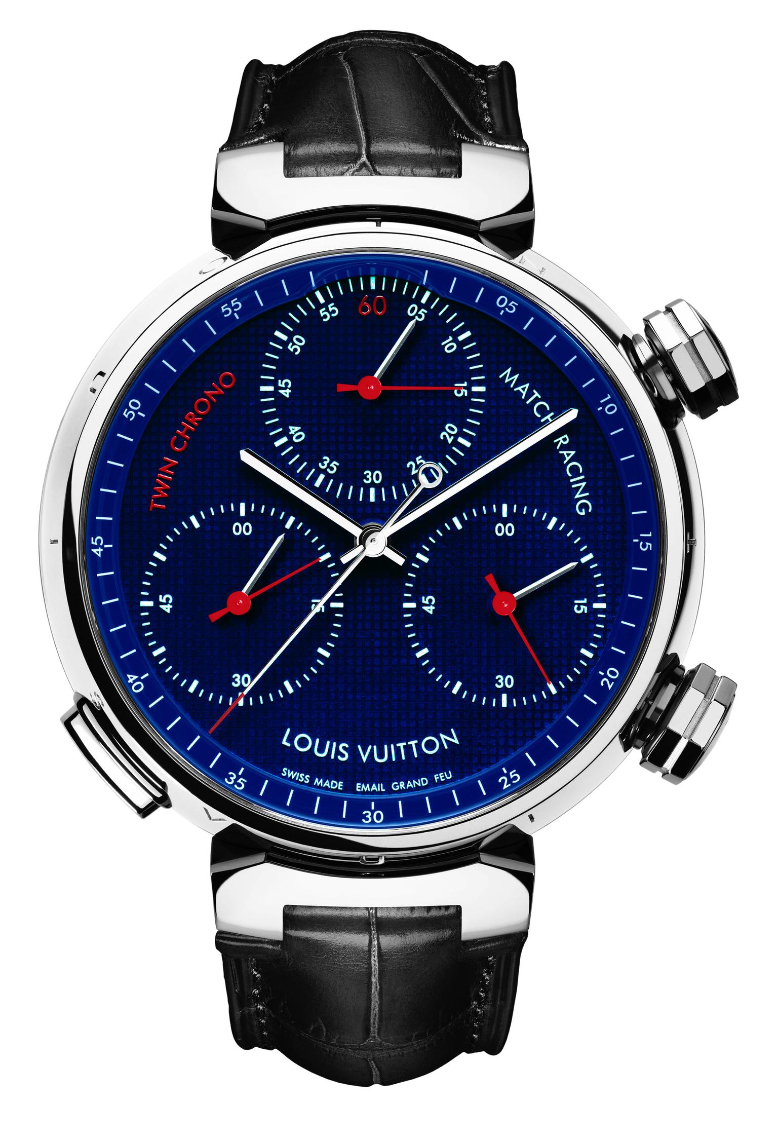 Sold at Auction: A Louis Vuitton Tambour Regatta Navy Men's Quartz  Chronograph Watch. Black LV rubber strap. Stainless steel case - 44mm. Blue  dial with two sub dials. Very good condition. New