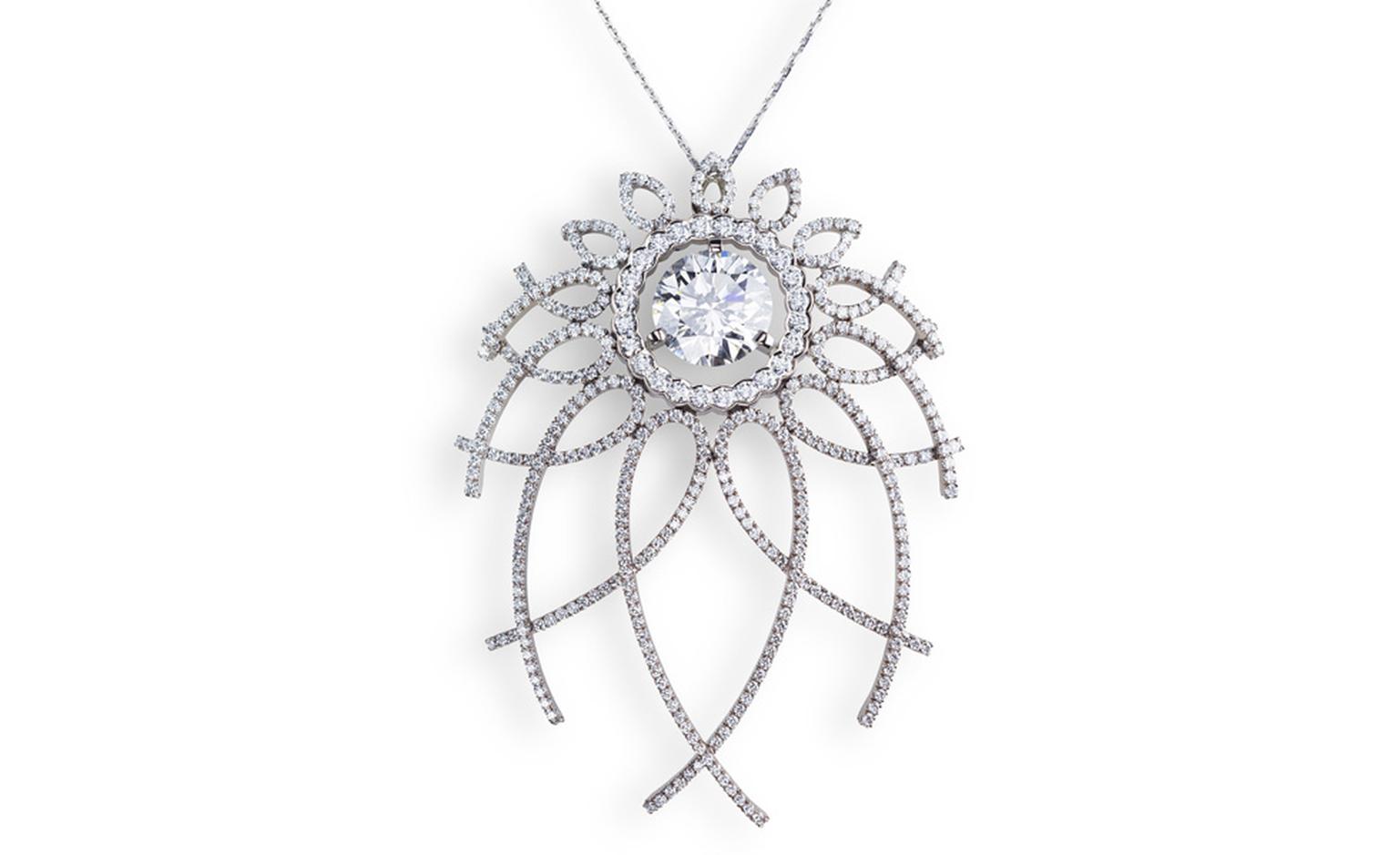 Fabergé Carnet de Bal Trelliage pendant with a 4-carat white diamond. The design is inspired by the 1892 Diamond Trellis Imperial Egg by the original Peter Carl Fabergé. POA