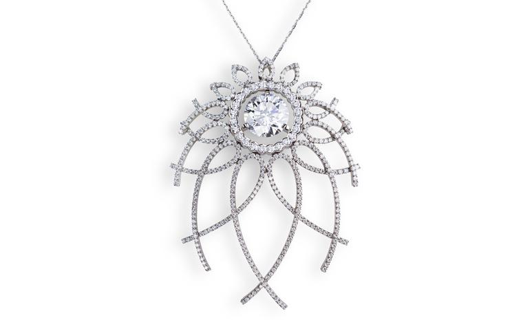 Fabergé Carnet de Bal Trelliage pendant with a 4-carat white diamond. The design is inspired by the 1892 Diamond Trellis Imperial Egg by the original Peter Carl Fabergé. POA