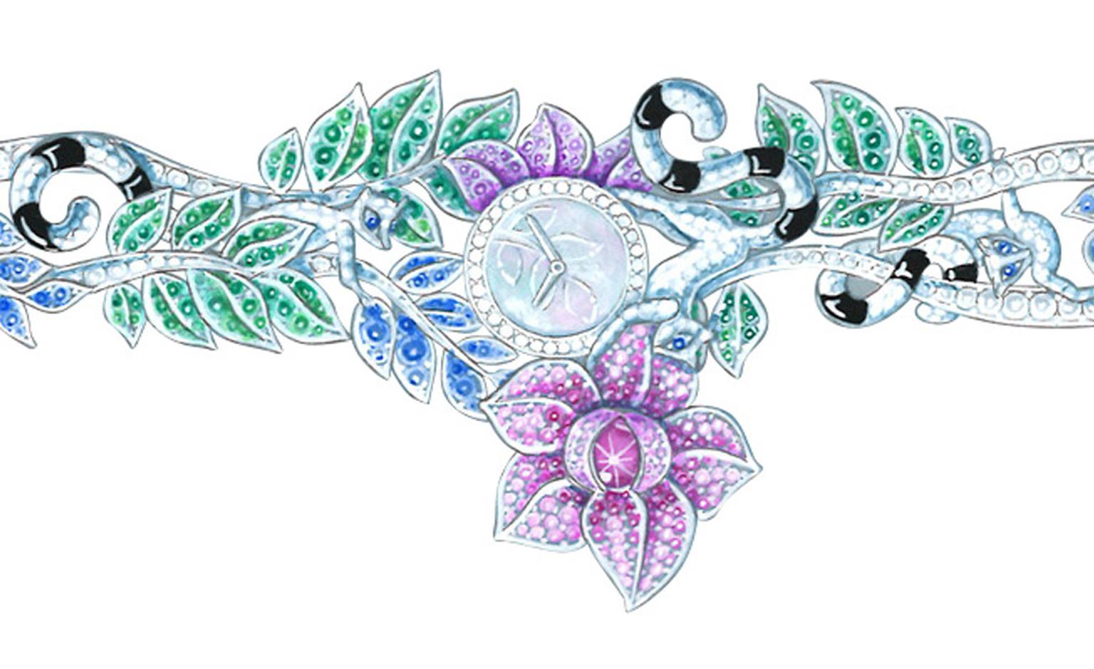 Van Cleef & Arpels Les Voyages Extraordinaires gouache of jewellery watch featuring exotic flora and fauna.