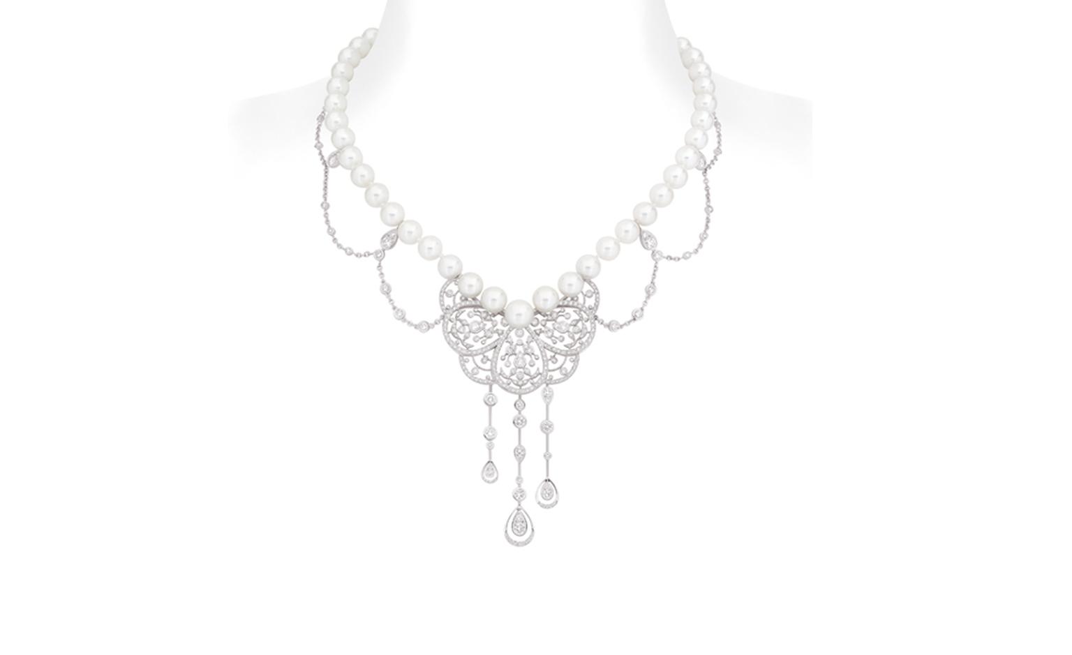 Chanel Secrets D'Orient Camelia Dentelle Necklace in 18 karat white gold, diamonds and cultured pearls. POA