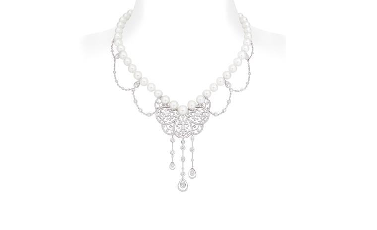 Chanel Secrets D'Orient Camelia Dentelle Necklace in 18 karat white gold, diamonds and cultured pearls. POA