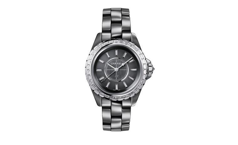 CHANEL, J12 Chromatic  33mm watch in titanium ceramic. White gold bezel, crown and hands. Diamonds and high precision movement. Titanium tripe-folding buckle and caseback. Water resistance 50 metres