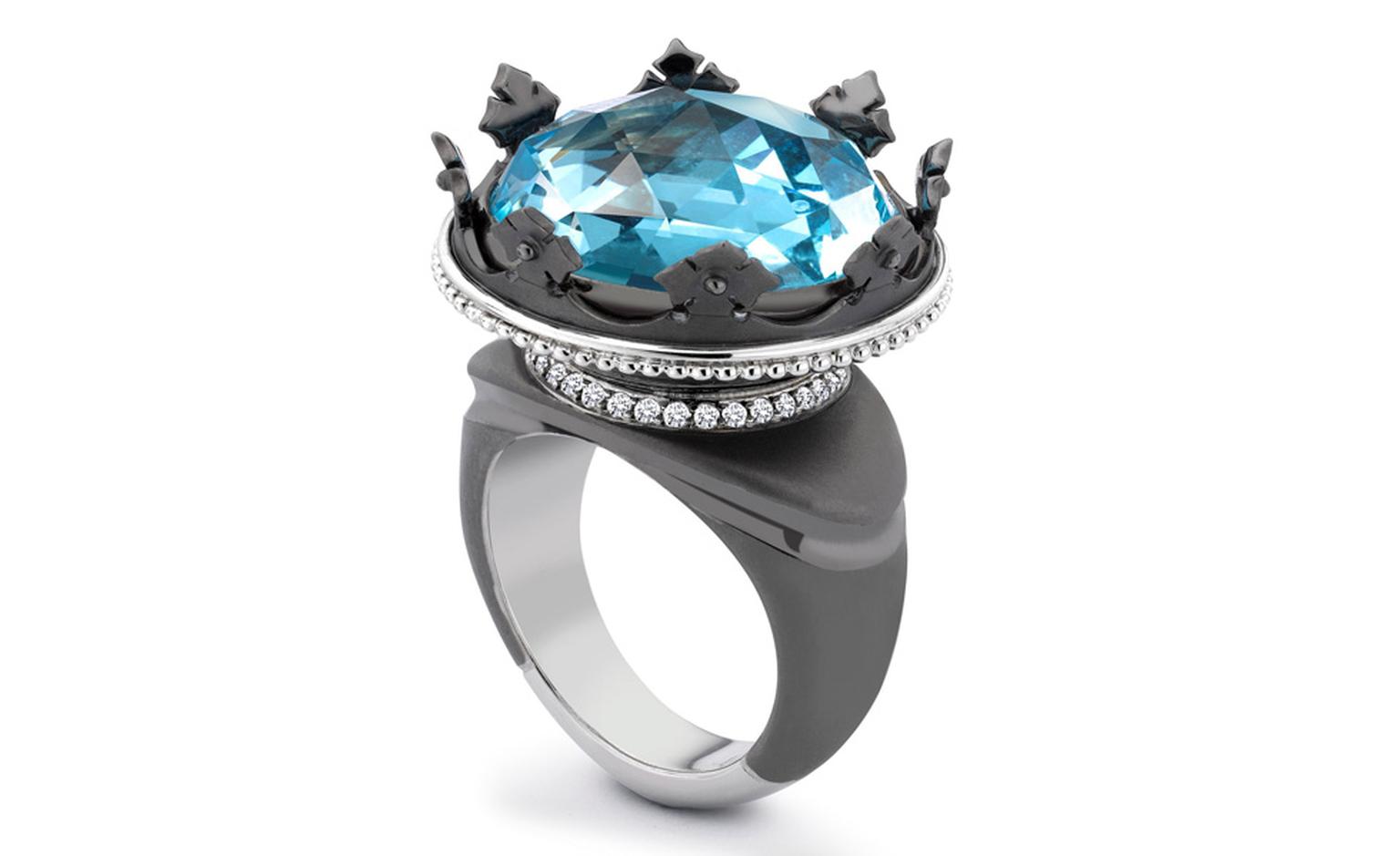 Theo Fennell 18ct White Gold Black Rhodium, Blue Topaz and Diamond Coronet Ring £11,900