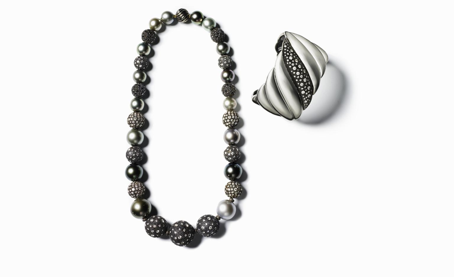 DAVID YURMAN, Midnight Mélange Bead necklace, $38,000. Midnight mélange cuff, $4750