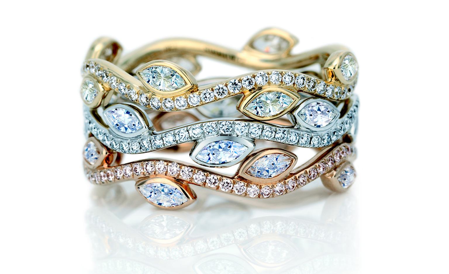 DE BEERS, Three Adonis Rose Bands in yellow, platinum and pink gold. Prices from £3,275
