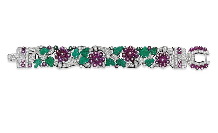 Lot 160. An exceptional art deco 'Tuttie Frutti' bracelet, by Cartier. Estimate £300,000-£400,000. SOLD FOR £1,150,050