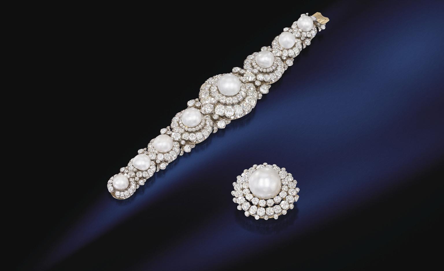 Lot 285. An historic pearl and diamond bracelet and brooch. Estimate £300,000 - £400,000. SOLD FOR £577,250