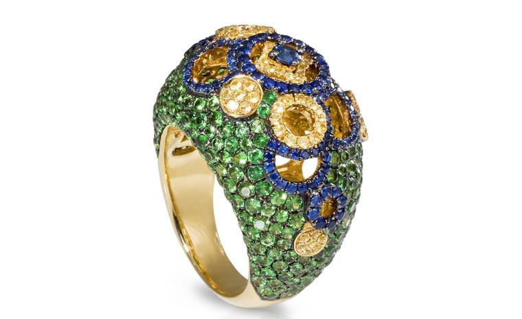 SHO Coin Boule ring in gold with blue and yellow sapphires and green tsavorites £4770