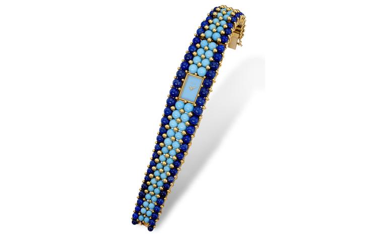 Piaget 1971 wrist watch in yellow gold with turquoise dial and lapis lazuli and turqouise bead bracelet with Piaget hand wound 6N movement. Piaget Private Collection.