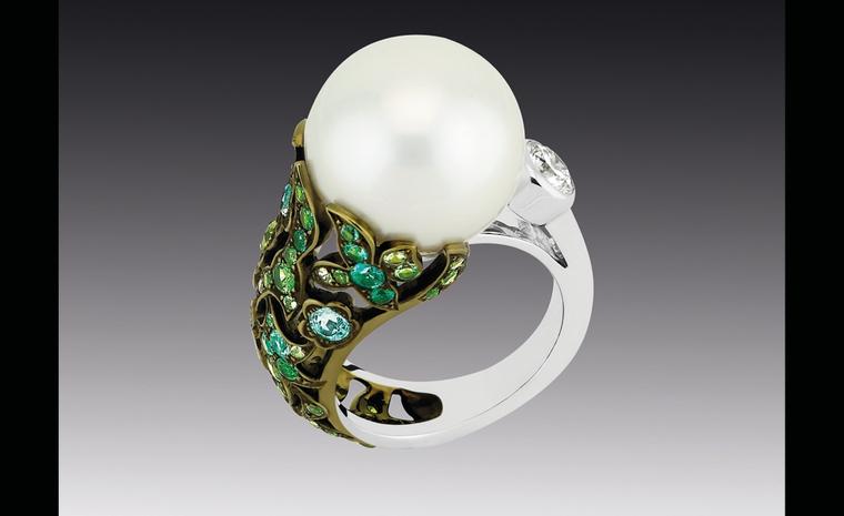 Chanel Contrastes collection: Bague Jardin d'Hiver with diamonds, cultured pearl, emeralds, tsavorites and Paraiba tourmalines