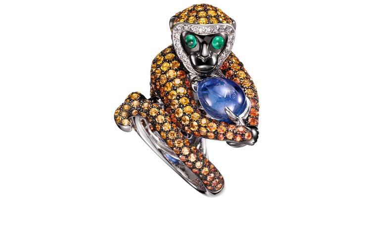BOUCHERON. Bubu ring. White gold, one ruby, orange and yellow sapphires, brown and white diamonds with two emeralds. Price from £29,300