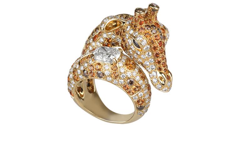 BOUCHERON. Giraffe ring. Yellow gold with white, brown and orange diamonds, orange and blue sapphires. Price from £48,100.