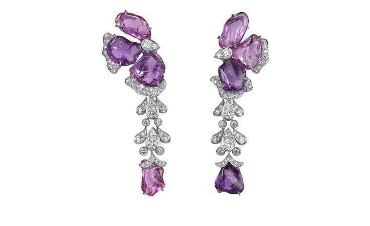 Sortilège de Cartier white earrings with pink and purple sapphires and diamonds.