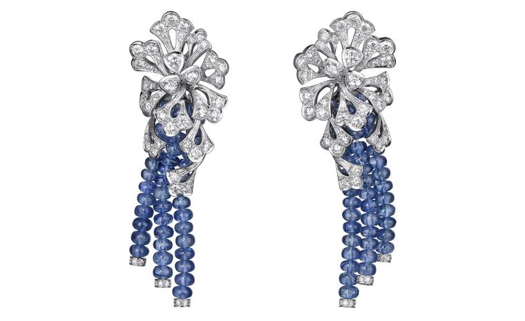 Sortilège de Cartier collection earrings in platinum with sapphire beads and diamonds.