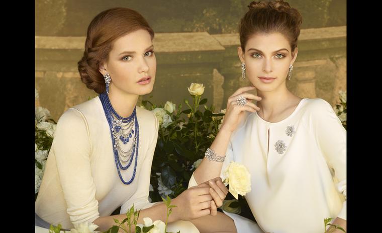 Models wearing Sortilège de Cartier including a dramatic, multi-strand sapphire and diamond necklace.