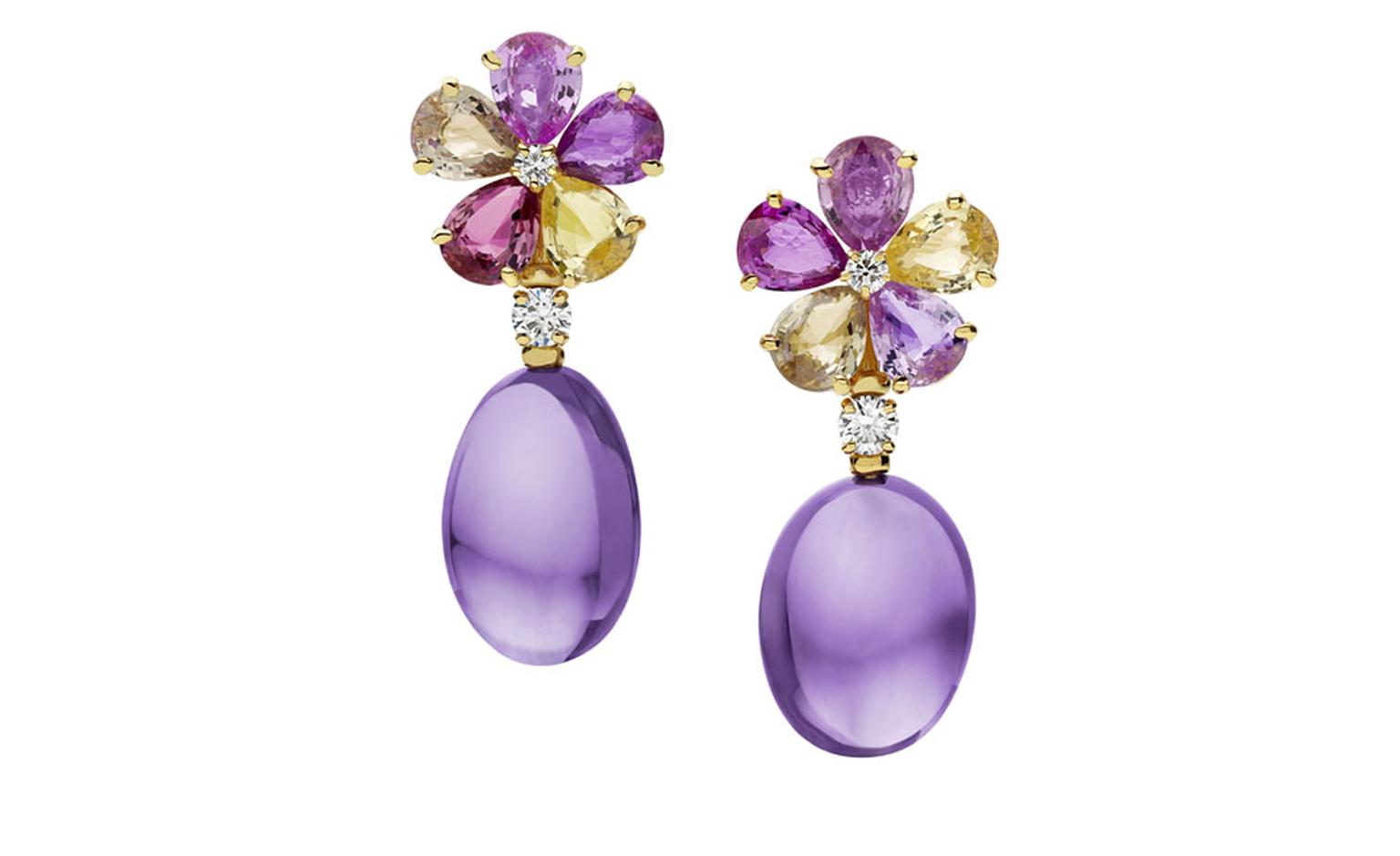 Bulgari.  Mediterranean Eden yellow gold earrings mounting fancy sapphires, amethysts, diamonds and pavé diamonds. Price from £16.700,00