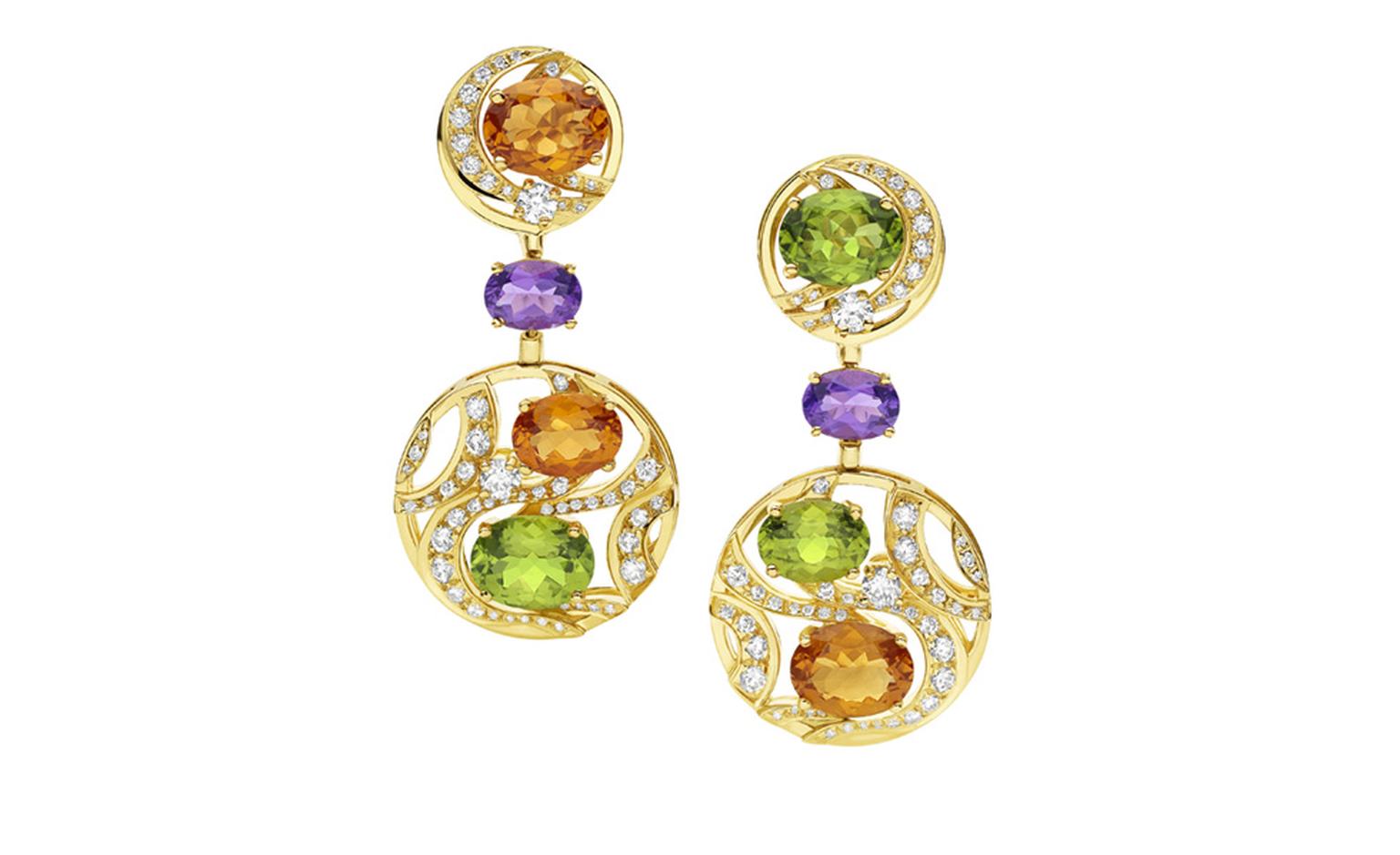 Bulgari. Mediterranean Eden yellow gold earrings with citrine quartzes, peridots, amethysts, diamonds and pavé diamonds. Price from £12.300,00