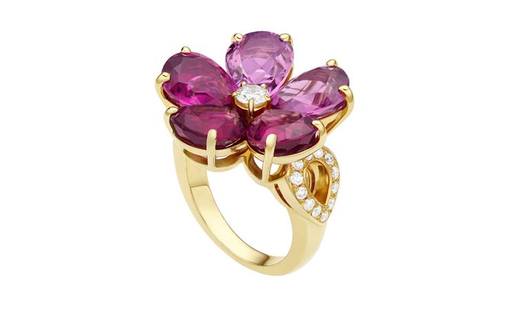 Bulgari. Mediterranean Eden yellow gold ring set with pink tourmalines, rubellites, and pavé diamonds. Price from £13.200,00