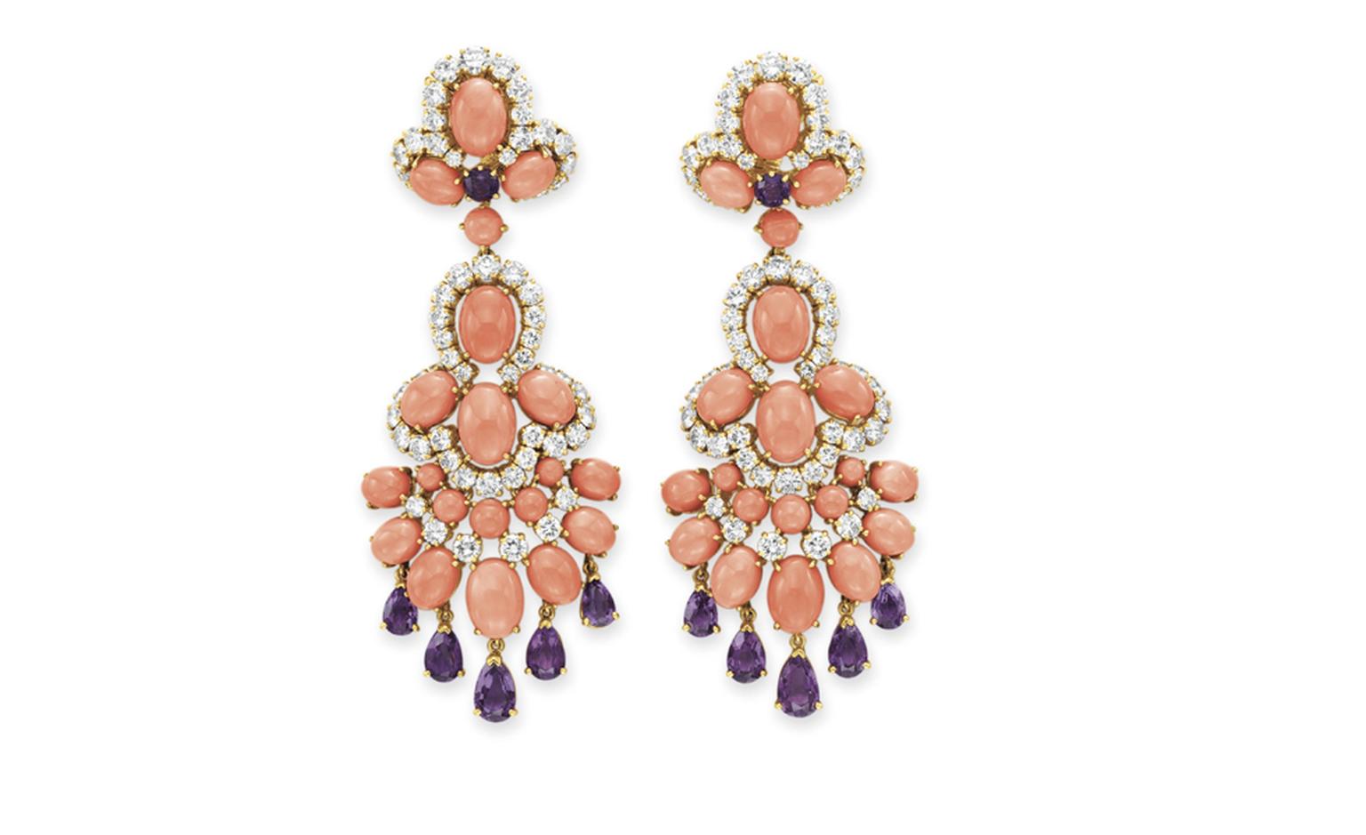 Van Cleef & Arpels. Panka Coral, Amethyst, Diamond, Platinum and Yellow Gold Ear Pendants (1971). © Christie’s Images 2011. POA.